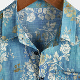 Short Sleeve Cotton Shirt with Blue Floral Pattern for Men