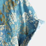 Short Sleeve Cotton Shirt with Blue Floral Pattern for Men
