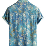 Short Sleeve Cotton Shirt with Blue Floral Pattern for Men