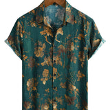 Vintage Cotton Hawaiian Shirt for Men, Button-Up, Short Sleeves, Green