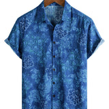 Men's Short Sleeve Floral Cotton Hawaiian Style Shirt Blue
