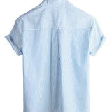 Men's Cotton Shirt with High Collar in Solid Color and Short Sleeves in Classic Vertical Stripes