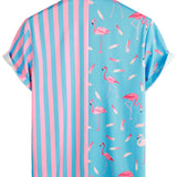 Short Sleeve Cotton Shirt with Flamingo Pattern and Belt for Men