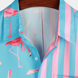 Short Sleeve Cotton Shirt with Flamingo Pattern and Belt for Men