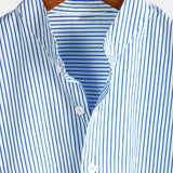 Men's Cotton Shirt with High Collar in Solid Color and Short Sleeves in Classic Vertical Stripes