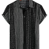 Men's Retro Black Cotton Shirt with Stripes and Dots, Buttoned and Short Sleeves