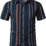Short Sleeve Cotton Button-Up Shirt for Men, 70s Retro, Stripes, Navy Blue, Vintage