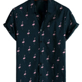 Casual Cotton Hawaiian Short Sleeve Shirt with Tropical Flamingo Buttons for Men