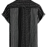 Men's Retro Black Cotton Shirt with Stripes and Dots, Buttoned and Short Sleeves