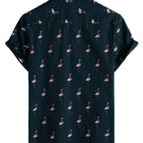 Casual Cotton Hawaiian Short Sleeve Shirt with Tropical Flamingo Buttons for Men