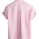 Men's Cotton Shirt with High Collar in Solid Color and Short Sleeves in Classic Vertical Stripes