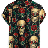 Men's Short Sleeve Cotton Shirt with Pink Skull
