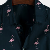 Casual Cotton Hawaiian Short Sleeve Shirt with Tropical Flamingo Buttons for Men