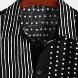 Men's Retro Black Cotton Shirt with Stripes and Dots, Buttoned and Short Sleeves