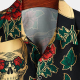 Short Sleeve Cotton Shirt with Skull and Rose Pattern for Men