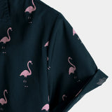 Casual Cotton Hawaiian Short Sleeve Shirt with Tropical Flamingo Buttons for Men