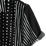 Men's Retro Black Cotton Shirt with Stripes and Dots, Buttoned and Short Sleeves