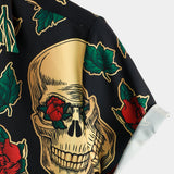 Short Sleeve Cotton Shirt with Skull and Rose Pattern for Men
