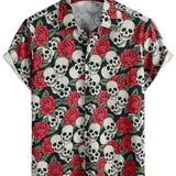 Short Sleeve Cotton Shirt with Skull and Rose Pattern for Men