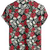 Short Sleeve Cotton Shirt with Skull and Rose Pattern for Men