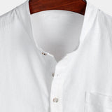 Men's Solid Color Cotton Shirt with High Collar and Half Button, with Front Pocket
