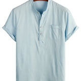 Men's Solid Color Cotton Shirt with High Collar and Half Buttons, with Pocket on the Front