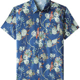 Men's Short Sleeve Cotton Shirt in Floral Pattern, Breathable and Fresh