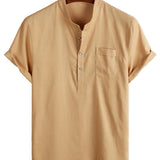 Men's Solid Color Cotton Shirt with High Collar and Half Buttons, with Pocket on the Front