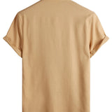 Men's Solid Color Cotton Shirt with High Collar and Half Button, with Front Pocket