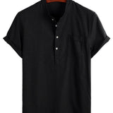 Men's Solid Color Cotton Shirt with High Collar and Half Button, with Front Pocket