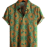 Men's Retro 70s Floral Cotton Shirt, Green, Summer, Beach, Boho, Short Sleeve