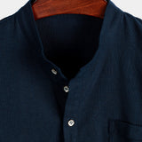 Men's Solid Color Cotton Shirt with High Collar and Half Buttons, with Pocket on the Front