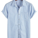 Short Sleeve Striped Cotton Shirt with Pocket for Men