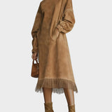 Suede Dress with Turtleneck and Fringes