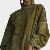 Faux Suede Dress with Turtleneck and Fringes