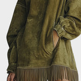 Faux Suede Dress with Turtleneck and Fringes