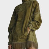 Faux Suede Dress with Turtleneck and Fringes