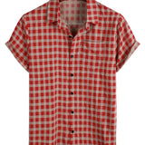 Men's Red Checkered Short Sleeve Shirt with Pocket