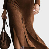 Retro Western Style Faux Suede Collar Midi Dress with Slit