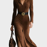 Retro Western Style Faux Suede Collar Midi Dress with Slit