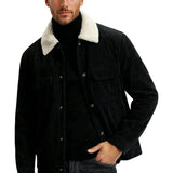 Men's Velvet Jacket with Sherpa Collar and Snaps - Black