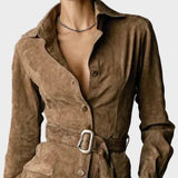 Suede Midi Dress with Long Sleeves and Collar