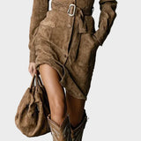 Suede Midi Dress with Long Sleeves and Collar