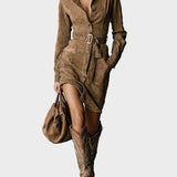 Suede Midi Dress with Long Sleeves and Collar