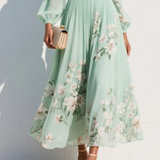 Lucija - Light Green Midi Chiffon Dress with Floral Pleats
