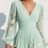Lucija - Light Green Midi Chiffon Dress with Floral Pleats