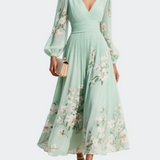 Lucija - Light Green Midi Chiffon Dress with Floral Pleats