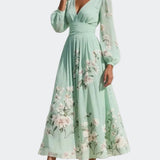 Lucija - Light Green Midi Chiffon Dress with Floral Pleats