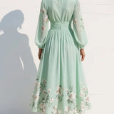 Lucija - Light Green Midi Chiffon Dress with Floral Pleats