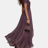 Flavia – Long Purple Dress with Cut-Out and Lace Detailing